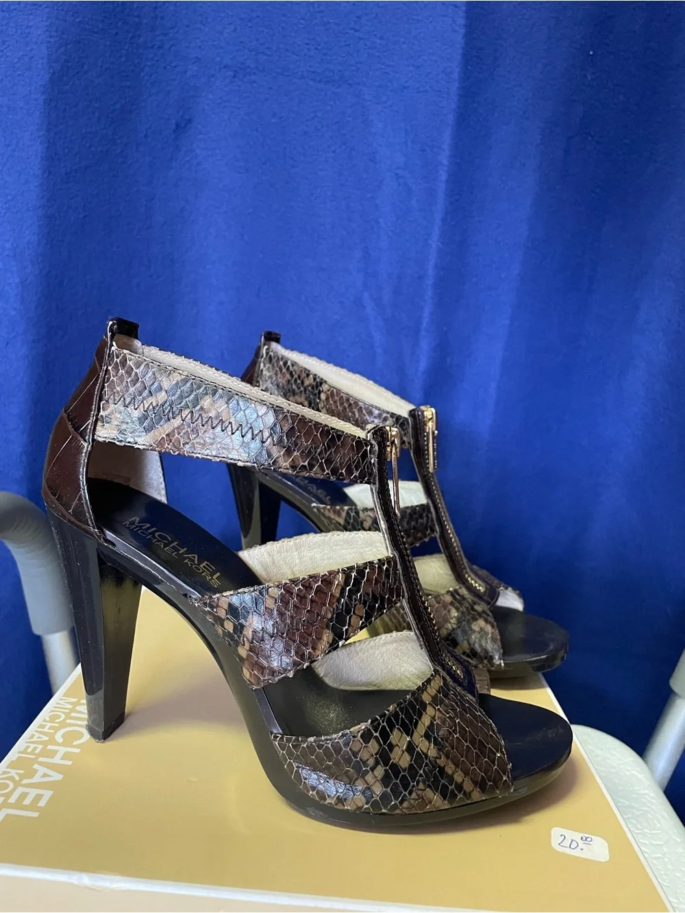 Michael Kors Brown Snake-Print T-Strap Heels with Front Zipper